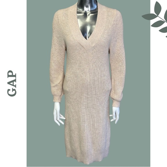 Gap V Neck Sweater Dress Long Sleeve Ribbed Midi Pale Pink Grey Size Extra Small - Picture 3 of 10